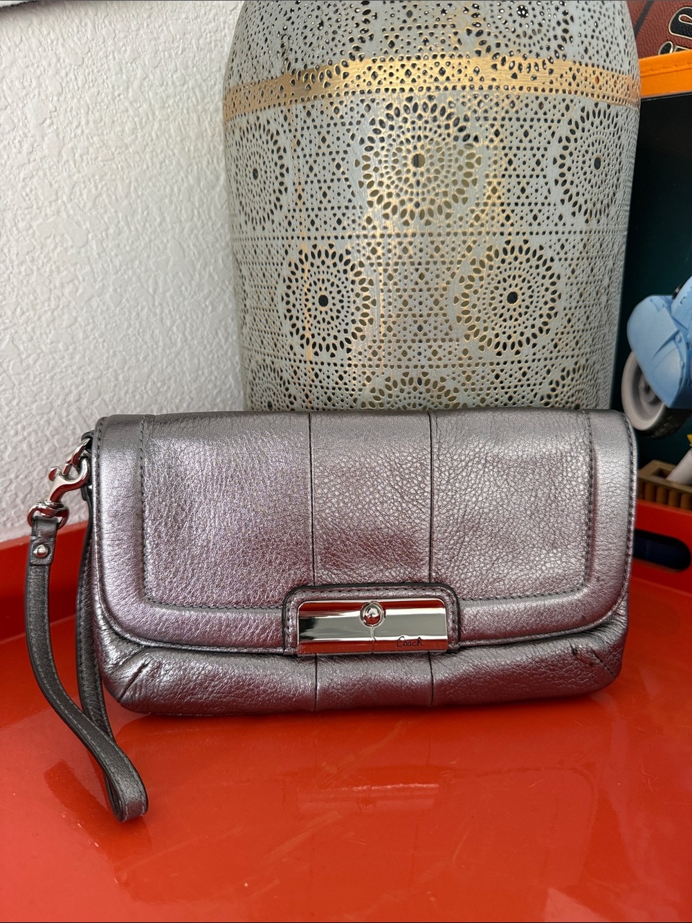 Vintage Coach Metallic Silver Leather Wristlet Clutch - Women's Bag